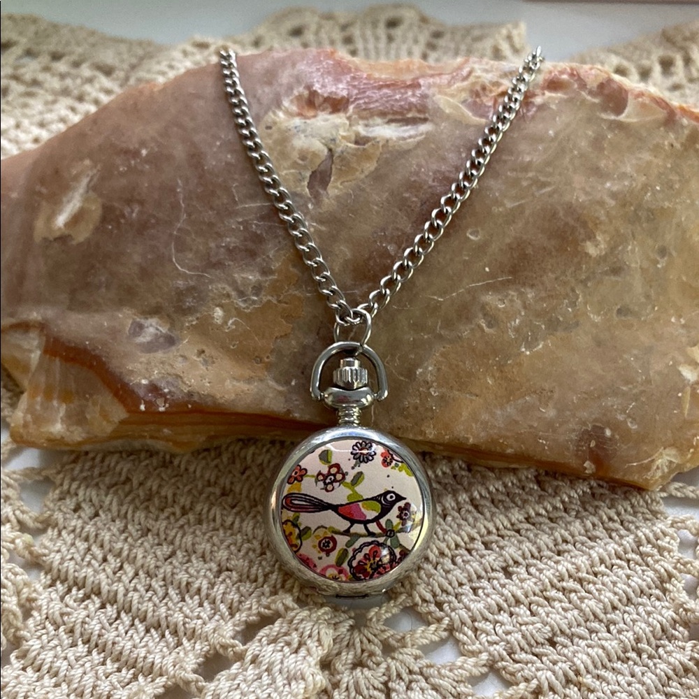 Floral Silver Pendant Necklace Clock Locket